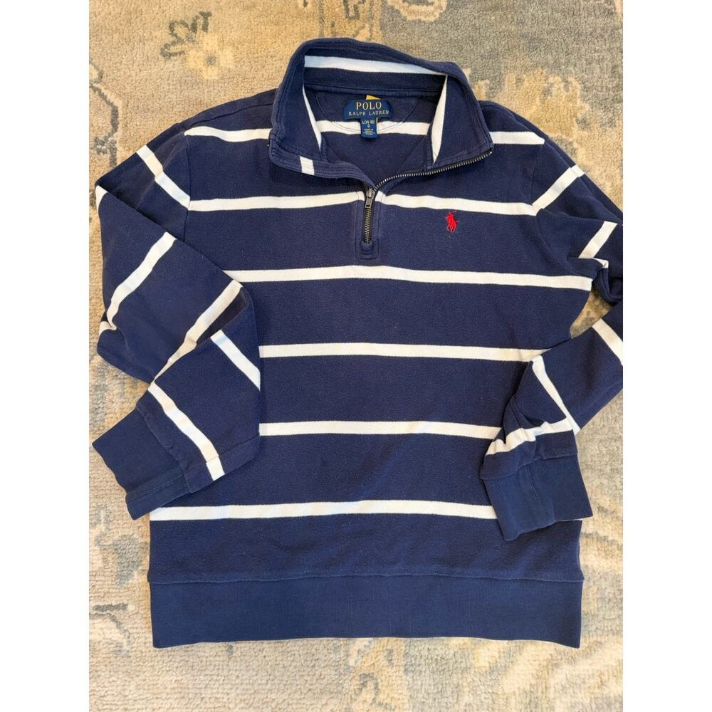 Polo Ralph Lauren Navy White Stripe Quarter Zip Pull Over Sweater Sz 14-16